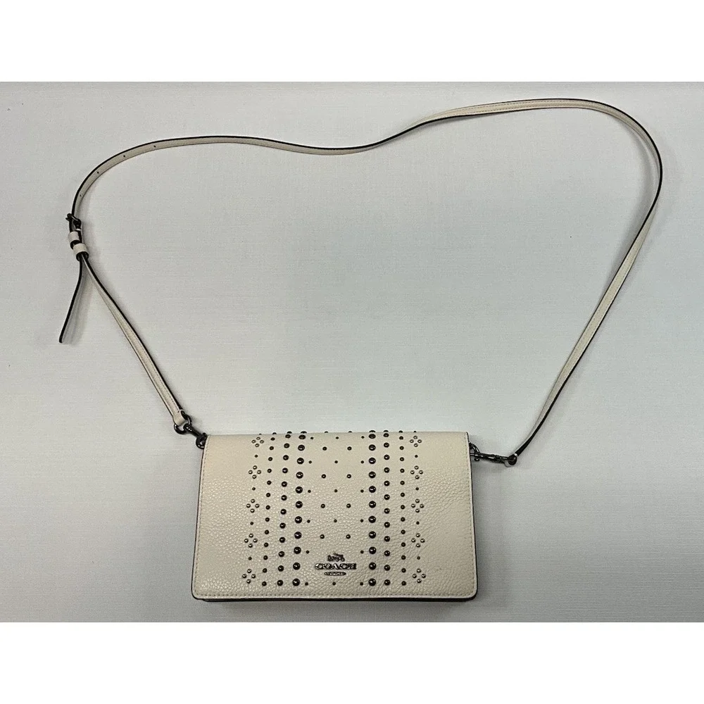COACH Bandana Rivets Foldover Crossbody Purse Bag Ivory Pebbled Leather VGUC